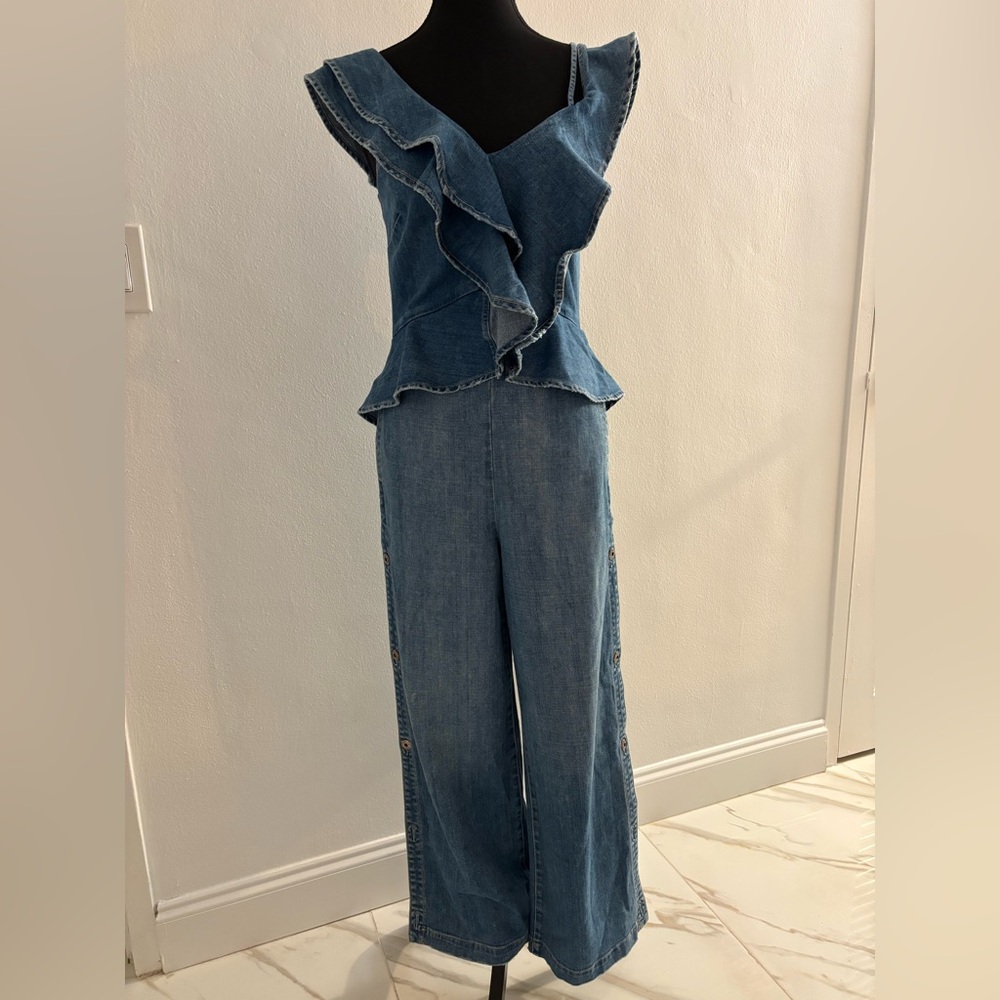 Jonathan Simkhai Denim Ruffle Accented Jumpsuit pre owned - Picture 2 of 13
